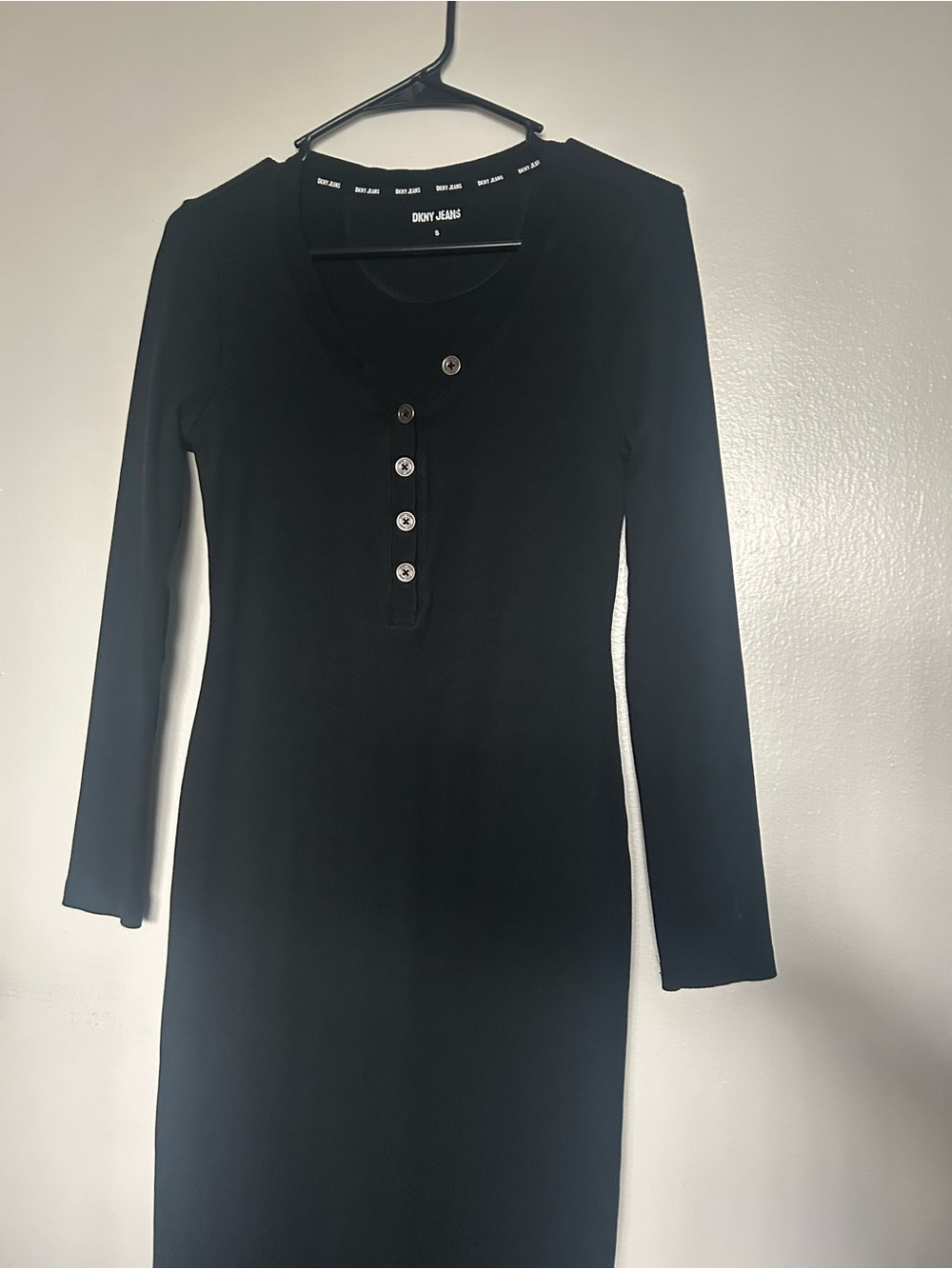 Dkny Black Long Sleeve Henley Midi Dress